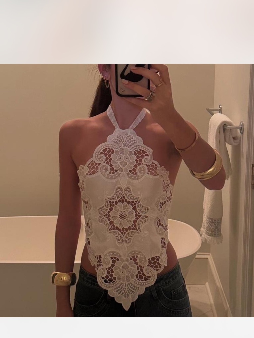 Custom White Crochet Lace Halter Crop Top - Picture 4 of 4
